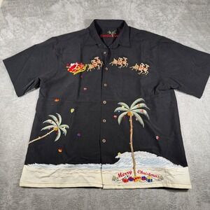 Bamboo Cay Shirt Mens Large Black Christmas Santa Claus Embroidered Button Up